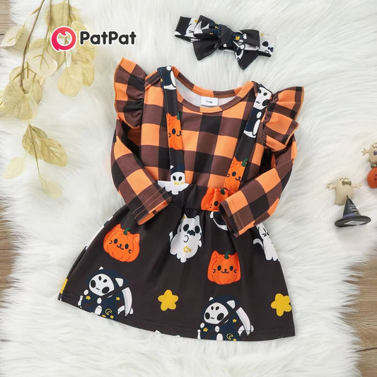 Vestido Halloween, ropa con estampado a cuadros, decoración con volantes, conjunto de manga larga naranja.