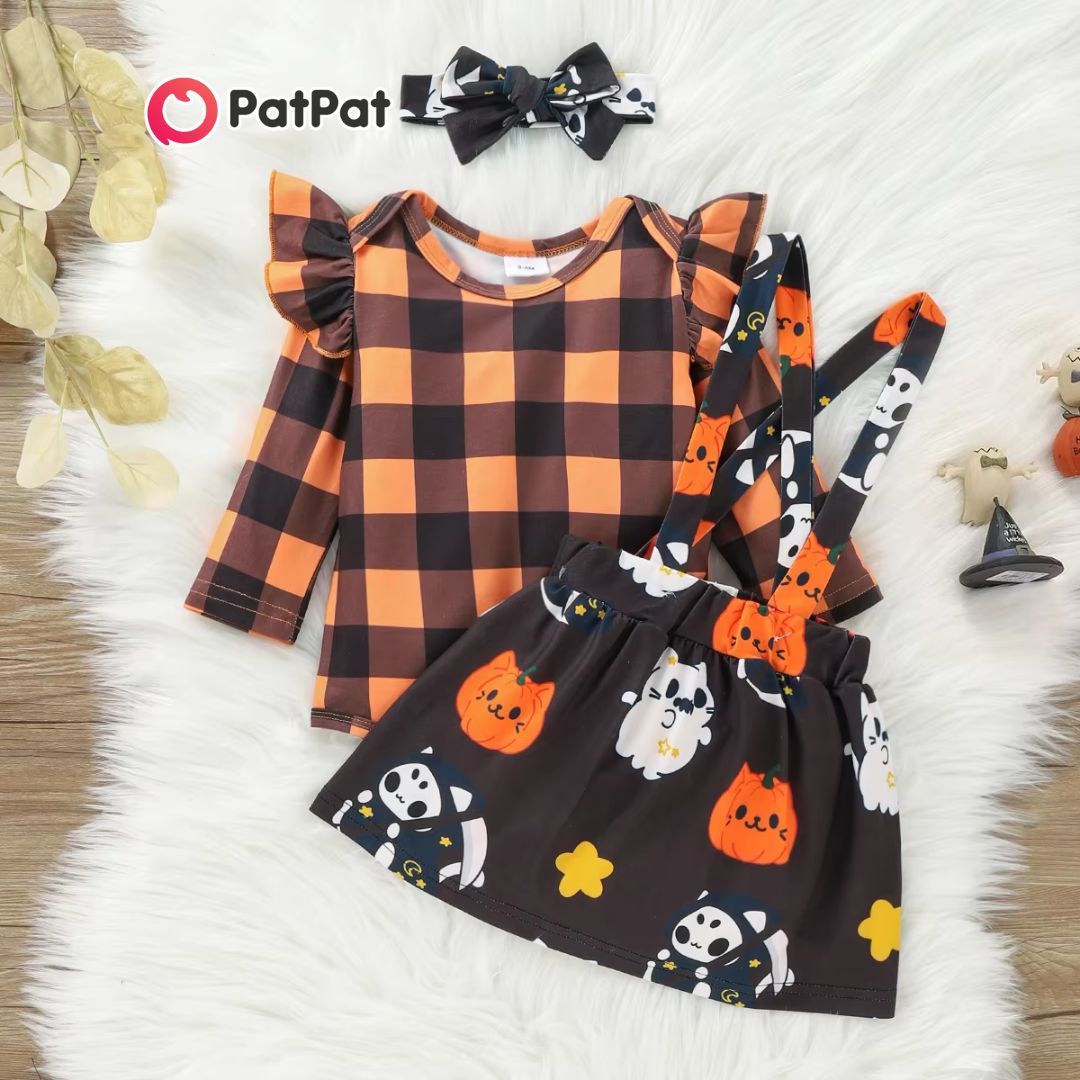 Vestido Halloween, ropa con estampado a cuadros, decoración con volantes, conjunto de manga larga naranja.