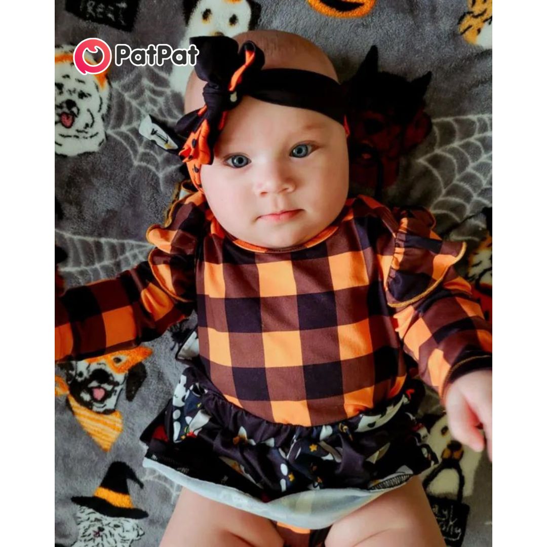 Vestido Halloween, ropa con estampado a cuadros, decoración con volantes, conjunto de manga larga naranja.